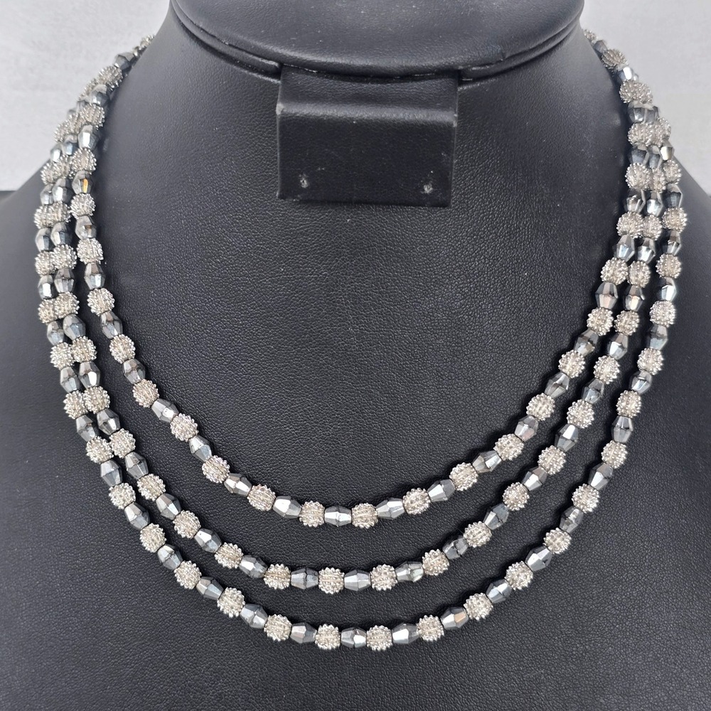 Trifari Vintage Three Strand Necklace Silver Tone Textured Faceted Gray Beads